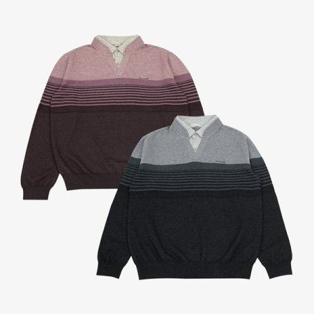 스트라이프 브이넥 레이어드 니트