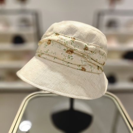 BE포인트플라워 린넨 벙거지모자