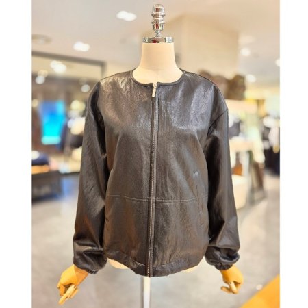 밑단 스트링 라운드 레더 점퍼