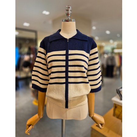 스트라이프 집업 카라 니트