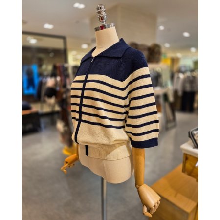 스트라이프 집업 카라 니트